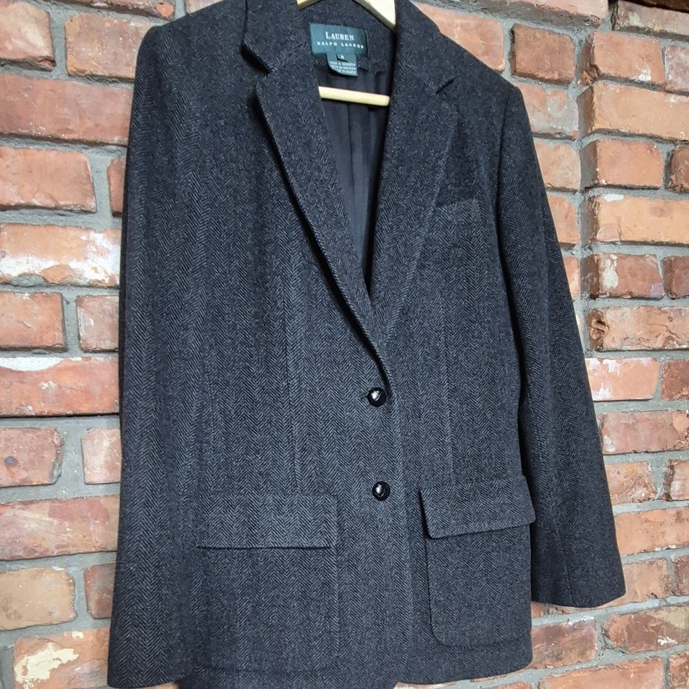 Lauren Ralph Lauren Wool Cashmere Herringbone Blazer Size 8 Longline Tailored - Picture 5 of 13